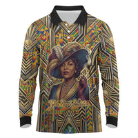Zora Neale Hurston Long Sleeve Polo Shirt Bold Kente and Art Deco Pattern - I Am Not Tragically Colored - Wonder Print Shop