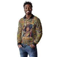 Zora Neale Hurston Long Sleeve Polo Shirt Bold Kente and Art Deco Pattern - I Am Not Tragically Colored - Wonder Print Shop