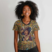 Zora Neale Hurston Women V-Neck T-Shirt Bold Kente and Art Deco Pattern - I Am Not Tragically Colored - Wonder Print Shop