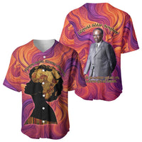 Léopold Sédar Senghor Baseball Jersey Femme Noire Silhouette with Africa Map Pattern Vibrant Swirl Background - Wonder Print Shop