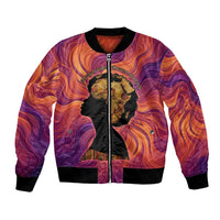 Léopold Sédar Senghor Bomber Jacket Femme Noire Silhouette with Africa Map Pattern Vibrant Swirl Background - Wonder Print Shop