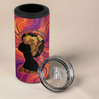 Léopold Sédar Senghor 4 in 1 Can Cooler Tumbler Femme Noire Silhouette with Africa Map Pattern Vibrant Swirl Background - Wonder Print Shop