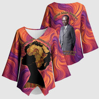 Léopold Sédar Senghor Kimono Sleeve Blouse Femme Noire Silhouette with Africa Map Pattern Vibrant Swirl Background - Wonder Print Shop