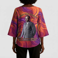 Léopold Sédar Senghor Kimono Sleeve Blouse Femme Noire Silhouette with Africa Map Pattern Vibrant Swirl Background - Wonder Print Shop