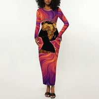Léopold Sédar Senghor Long Sleeve Bodycon Dress Femme Noire Silhouette with Africa Map Pattern Vibrant Swirl Background - Wonder Print Shop