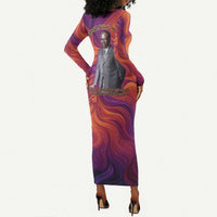 Léopold Sédar Senghor Long Sleeve Bodycon Dress Femme Noire Silhouette with Africa Map Pattern Vibrant Swirl Background - Wonder Print Shop
