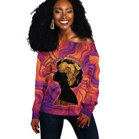 Léopold Sédar Senghor Off Shoulder Sweater Femme Noire Silhouette with Africa Map Pattern Vibrant Swirl Background - Wonder Print Shop