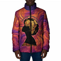 Léopold Sédar Senghor Padded Jacket Femme Noire Silhouette with Africa Map Pattern Vibrant Swirl Background - Wonder Print Shop