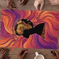 Léopold Sédar Senghor Puzzle Femme Noire Silhouette with Africa Map Pattern Vibrant Swirl Background - Wonder Print Shop