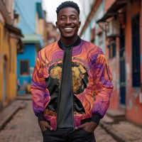 Léopold Sédar Senghor Sleeve Zip Bomber Jacket Femme Noire Silhouette with Africa Map Pattern Vibrant Swirl Background - Wonder Print Shop