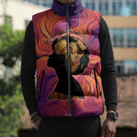 Léopold Sédar Senghor Sleeveless Puffer Jacket Femme Noire Silhouette with Africa Map Pattern Vibrant Swirl Background - Wonder Print Shop