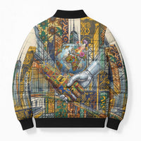 Léopold Sédar Senghor Bomber Puffer Jacket President Poete Portrait Futuristic African Robotic Handshake Earth and Flowers Unity - Wonder Print Shop