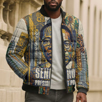 Léopold Sédar Senghor Bomber Puffer Jacket President Poete Portrait Futuristic African Robotic Handshake Earth and Flowers Unity - Wonder Print Shop