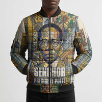 Léopold Sédar Senghor Bomber Puffer Jacket President Poete Portrait Futuristic African Robotic Handshake Earth and Flowers Unity - Wonder Print Shop