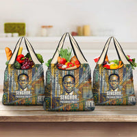 Léopold Sédar Senghor Grocery Bag President Poete Portrait Futuristic African Robotic Handshake Earth and Flowers Unity - Wonder Print Shop