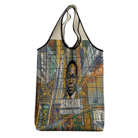 Léopold Sédar Senghor Grocery Bag President Poete Portrait Futuristic African Robotic Handshake Earth and Flowers Unity - Wonder Print Shop
