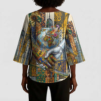 Léopold Sédar Senghor Kimono Sleeve Blouse President Poete Portrait Futuristic African Robotic Handshake Earth and Flowers Unity - Wonder Print Shop