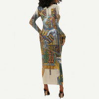 Léopold Sédar Senghor Long Sleeve Bodycon Dress President Poete Portrait Futuristic African Robotic Handshake Earth and Flowers Unity - Wonder Print Shop