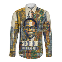 Léopold Sédar Senghor Long Sleeve Button Shirt President Poete Portrait Futuristic African Robotic Handshake Earth and Flowers Unity - Wonder Print Shop