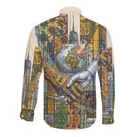 Léopold Sédar Senghor Long Sleeve Button Shirt President Poete Portrait Futuristic African Robotic Handshake Earth and Flowers Unity - Wonder Print Shop