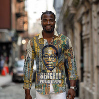 Léopold Sédar Senghor Long Sleeve Button Shirt President Poete Portrait Futuristic African Robotic Handshake Earth and Flowers Unity - Wonder Print Shop