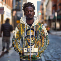 Léopold Sédar Senghor Zip Hoodie President Poete Portrait Futuristic African Robotic Handshake Earth and Flowers Unity - Wonder Print Shop