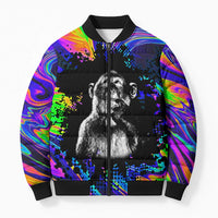 Funny Psychedelic Monkey Thinker Bomber Puffer Jacket Trippy Curiosity Vibes