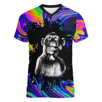 Funny Psychedelic Monkey Thinker Women V-Neck T-Shirt Trippy Curiosity Vibes