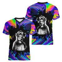 Funny Psychedelic Monkey Thinker Women V-Neck T-Shirt Trippy Curiosity Vibes