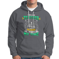Charcoal gray teacher hoodie with colorful front graphic, hood, and white drawstrings