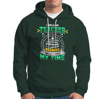 Dark forest green teacher hoodie with colorful front graphic, hood, and white drawstrings