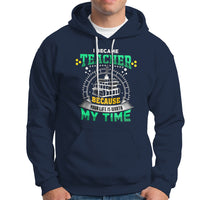 Navy teacher hoodie with colorful front graphic, hood, and white drawstrings