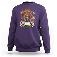 Purple sweatshirt with firefighter emblem graphic and bold slogan text on the chest.