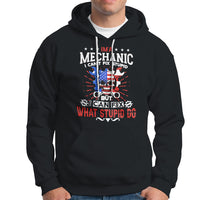Black mechanic hoodie with front graphic logo and text, kangaroo pocket, hood