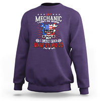 Purple crewneck sweatshirt with mechanic graphic and slogan print on the chest