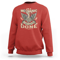 Red crewneck mechanic sweatshirt with winged “DONE” graphic on the front.