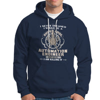 Navy automation engineer hoodie with front graphic logo and kangaroo pocket