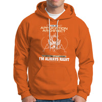 Orange hoodie with front graphic print, pullover hood, and kangaroo pocket