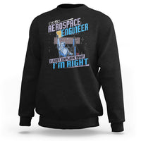 Black crewneck sweatshirt with space engineer graphic and slogan on the front, long sleeves.