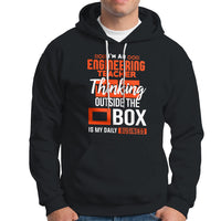 Black hoodie with kangaroo pocket, drawstring hood, and orange engineer teacher graphic