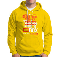 Daisy yellow hoodie with kangaroo pocket, drawstring hood, and orange engineer teacher graphic