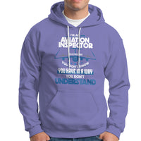 Violet hoodie with aviation-themed “Inspector” graphic on the chest and front pocket.