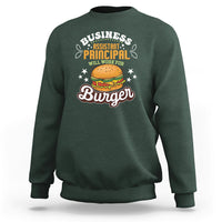 Dark forest green crewneck sweatshirt with “Business Assistant Principal” burger graphic on back