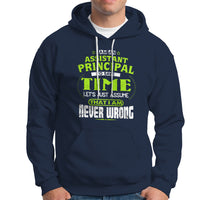Navy assistant principal slogan hoodie with front graphic, kangaroo pocket, and drawstring hood.