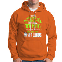 Orange assistant principal slogan hoodie with front graphic, kangaroo pocket, and drawstring hood.