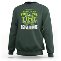 Dark forest green crewneck sweatshirt with colorful assistant principal time graphic on chest