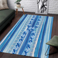 Tunisian Mosaic Pattern Area Rug with Blue Stripes and Traditional Tile Design
