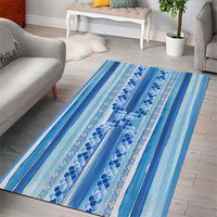 Tunisian Mosaic Pattern Area Rug with Blue Stripes and Traditional Tile Design