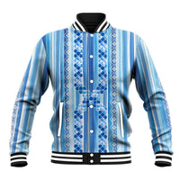 Tunisian Mosaic Pattern Baseball Jacket with Blue Stripes and Traditional Tile Design