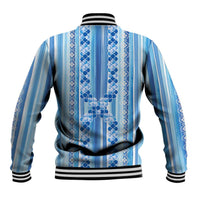 Tunisian Mosaic Pattern Baseball Jacket with Blue Stripes and Traditional Tile Design